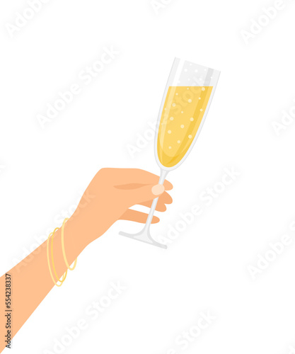 Female hand holding glass of sparkling champagne isolated on white background. Vector illustration in flat style