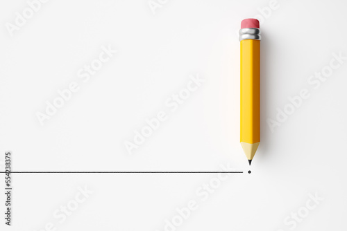 Foto Pencil draws a line and a dot on white background.