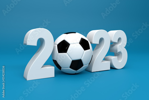 Fototapeta Naklejka Na Ścianę i Meble -  Football 2023 lettering with soccer ball on blue background. Year 2023 football soccer events or calendar.