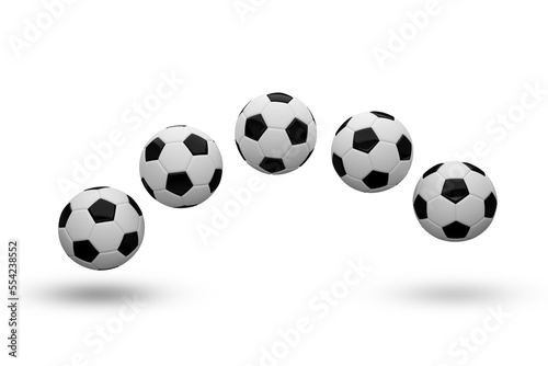 Movement of a football soccer ball on white background. 3D rendering.