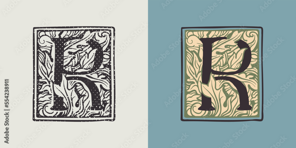 R letter drop cap logo in engraved medieval style. R letter drop cap logo in engraved medieval style.