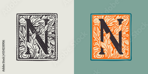 N letter drop cap logo in engraved medieval style.