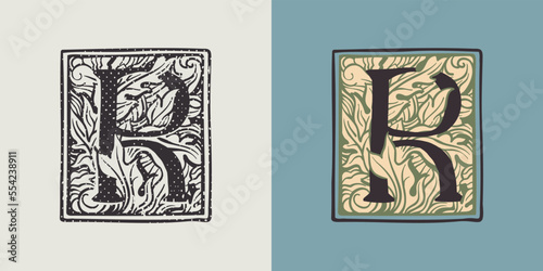 R letter drop cap logo in engraved medieval style.