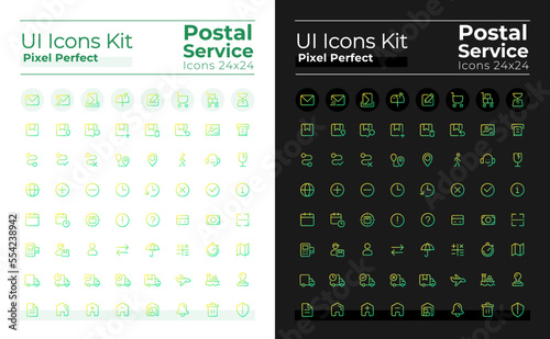 Postal service pixel perfect gradient linear ui icons set for dark, light mode. Line contour user interface symbols. Vector isolated outline illustrations. Montserrat Bold, Light fonts used
