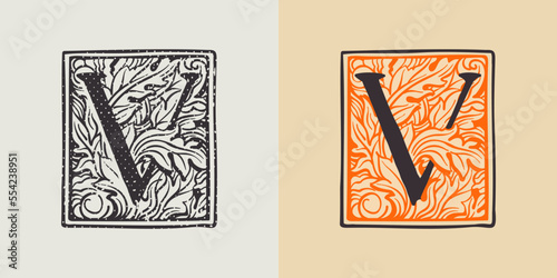 V letter drop cap logo in engraved medieval style.