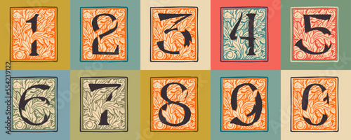 Numbers set drop caps in engraved medieval style.