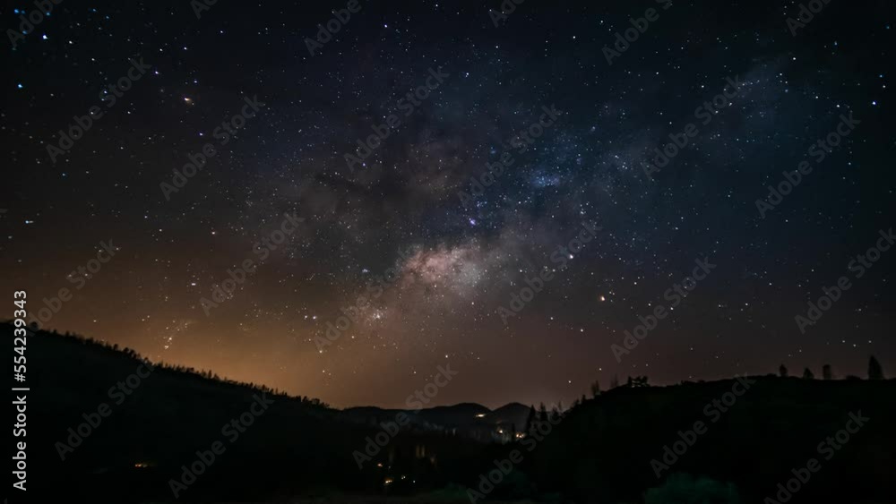 Timelapse of starry sky at night. Milky way is visible in the darkness. Evidence of the rotation of the Earth