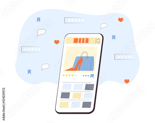 concept online shopping, phone, ratings, reviews, likes, online stores, bag, shoes, catalog, websites