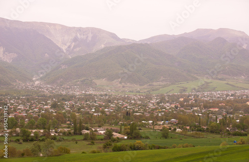 The beautiful city of Ismayilli against the backdrop of mountains. photo