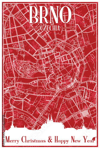 Red vintage hand-drawn Christmas postcard of the downtown BRNO, CZECHIA with highlighted city skyline and lettering
