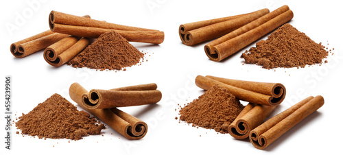 Collection of cinnamon sticks and powder, isolated on white background