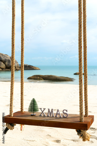 Vertical photo from a swing at sea. Tropical holiday christmas card concept