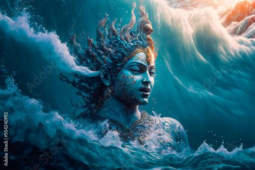  Lord Krishna Underwater.  Happy Janmashtami holiday Indian festival greeting background.  Image created with Generative AI technology.