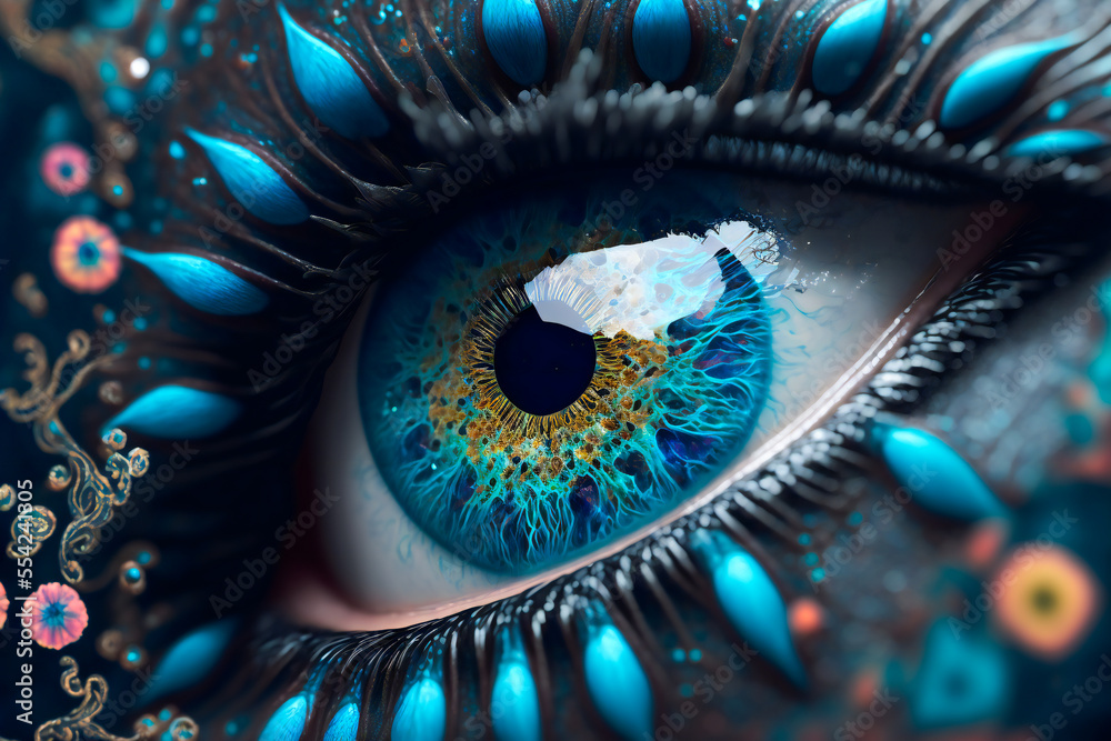 Blue human eye with makeup. Eye painting. Futuristic fantasy digital