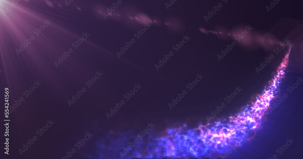 Abstract flying magical glowing line of energy purple particles in the rays of a brilliant sun on a dark background. Abstract background
