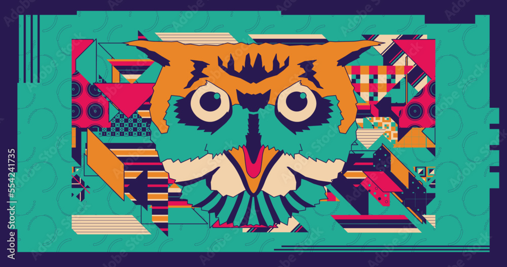 Fashion minimal illustration. Stylish owl and retro creative colors background