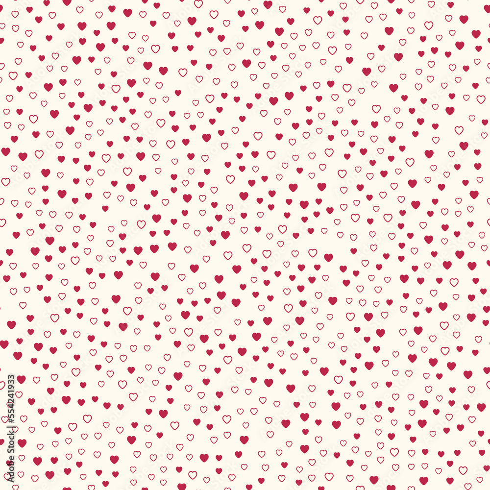 Seamless pattern of small magenta hearts and heart outlines on a cream background.
