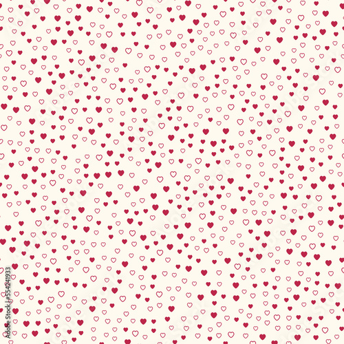 Seamless pattern of small magenta hearts and heart outlines on a cream background. 