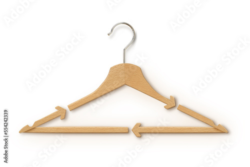 Wooden hanger with recycling arrows on white background - Concept of fashion and ecology