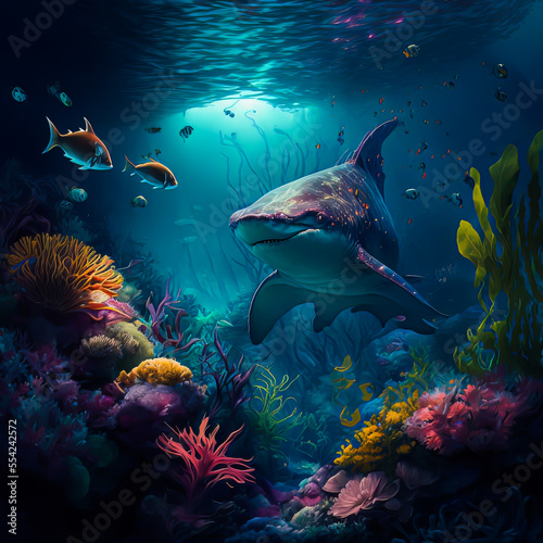Underwater predator scene. Coral reef, colorful fish groups, shark in a dark ocean water. Generative AI underwater life illustration. © Sergie