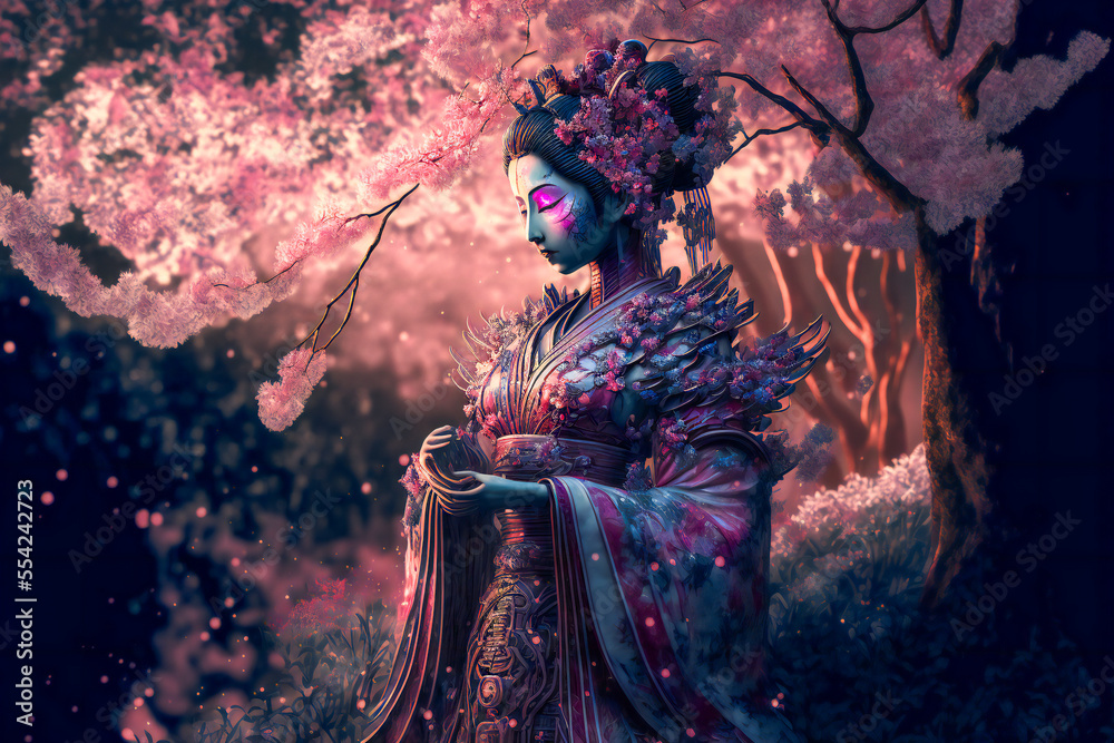 Geisha in an intricate kimono, sakura garden background. Young pretty