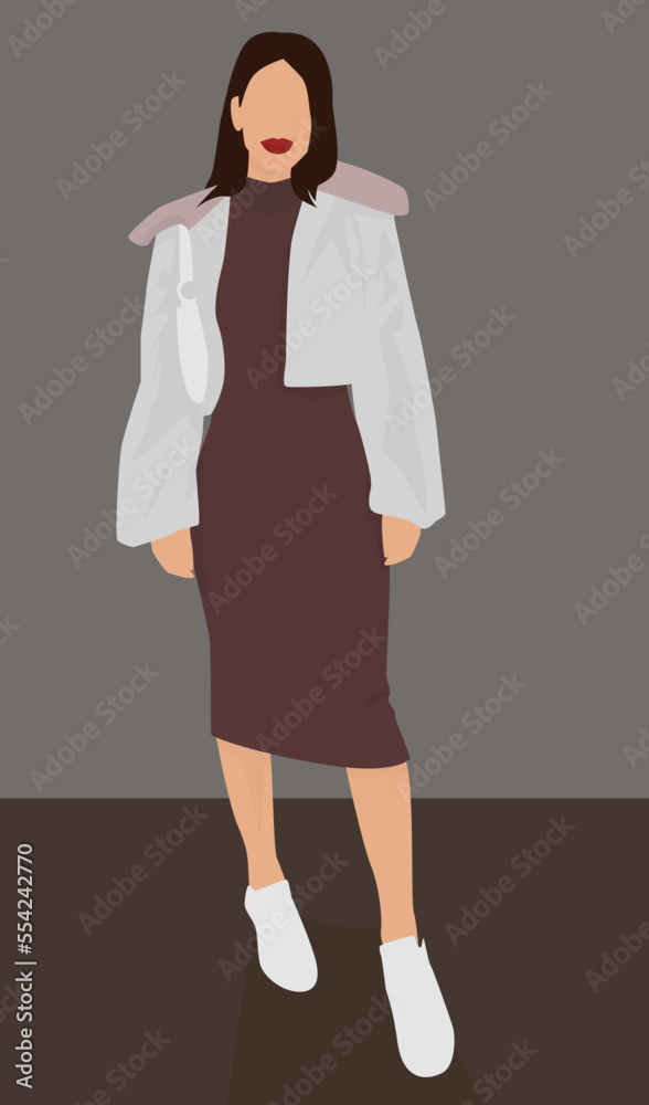 Vector flat image of an attractive girl. Brown-haired woman in a dress, jacket, sneakers and with a bag. Design for avatars, posters, backgrounds, templates, banners, textiles, postcards. Vector flat image of an attractive girl. Brown-haired woman in a dress, jacket, sneakers and with a bag. Design for avatars, posters, backgrounds, templates, banners, textiles, postcards.