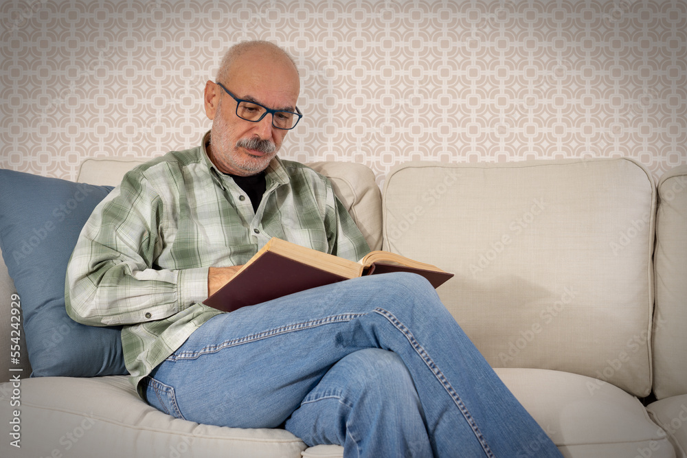 Happy Senior Man Sitting on Sofa and Reading Book at Home Happy Senior Man Sitting on Sofa and Reading Book at Home