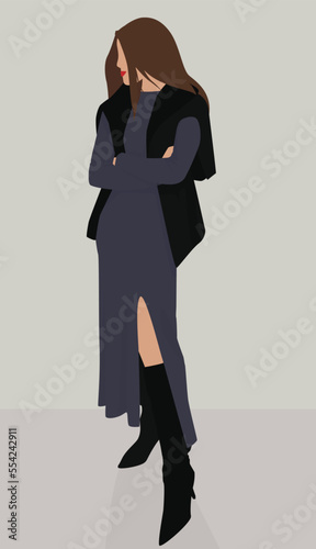 Vector flat image of a young and attractive girl in a long dress, boots and a sweater on her shoulders. Design for avatars, posters, backgrounds, templates, banners, textiles, postcards.