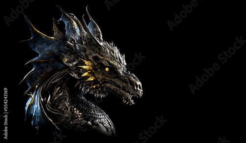 Water dragon head on a black background. Generative AI Illistration of ancient dragon on black background. Dragons background. Place for text.