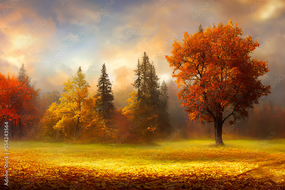 Fototapeta premium Autumn forest landscape background. Generative AI illustration of yellow and red autumn forest. Autunm meadow in the woods. Autumn or fall background. Background for post card.