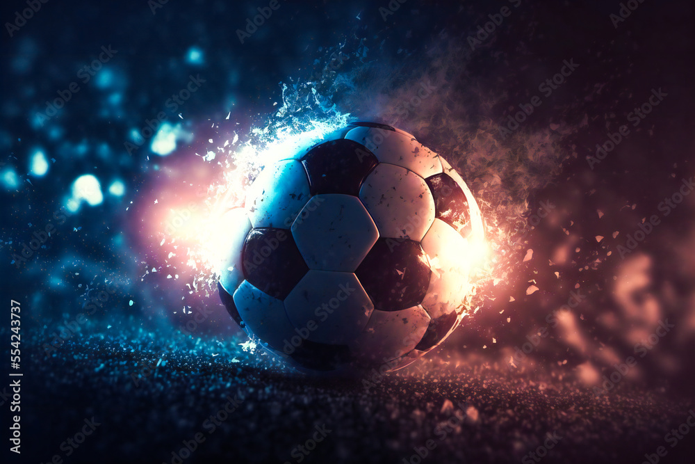 Soccer ball in the stadium. Image created with Generative AI technology
