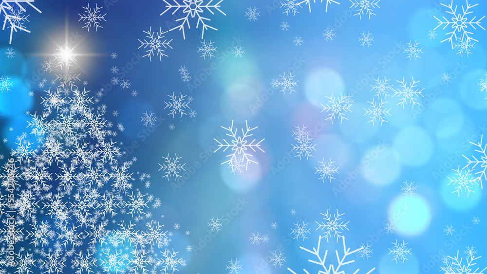 blue christmas background with christmas tree bokeh and snowflake effect