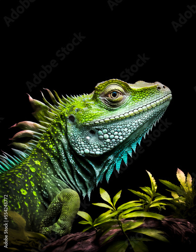 Green dragon lizard sitting on branch on black background. Generative AI illustration of green dragon lizard. Green iguana reptile.