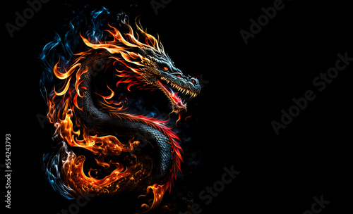 Fire dragon head on a black background. Generative AI Illistration of ancient dragon on black background. Dragons background. Place for text.