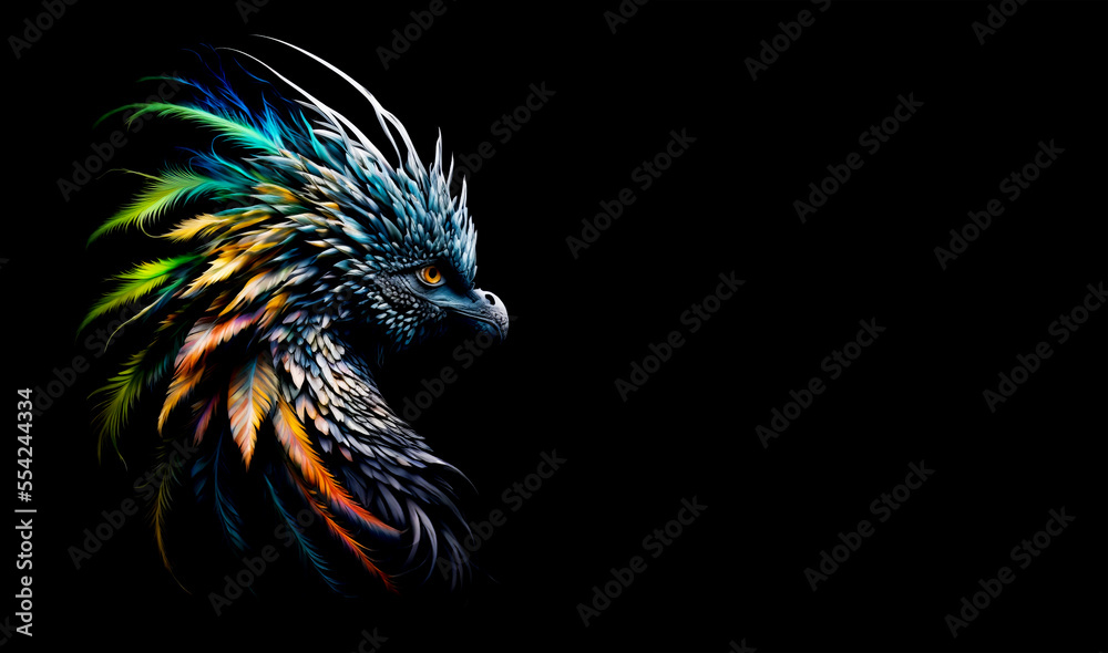 Obraz premium Feather dragon head with on a black background. Quetzalcoatl dragon. Generative AI Illistration of ancient dragon on black background. Dragons background. Place for text.