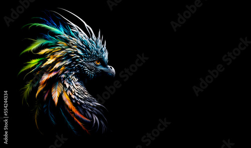 Feather dragon head with on a black background. Quetzalcoatl dragon. Generative AI Illistration of ancient dragon on black background. Dragons background. Place for text. photo