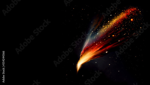 Falling comet with sparks, smoke and a trail of particles on a black background. Cosmic meteor or asteroid with flame tail in the dark universe. Generative AI illustration of flaming comet.