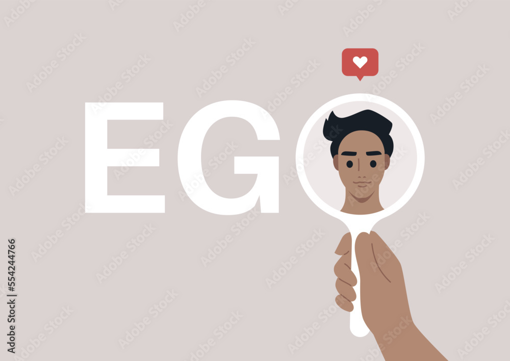 A male Caucasian character looking at themselves in the mirror, Ego concept, self love and acceptance A male Caucasian character looking at themselves in the mirror, Ego concept, self love and acceptance