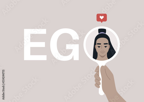 A female Asian character looking at themselves in the mirror, Ego concept, self love and acceptance