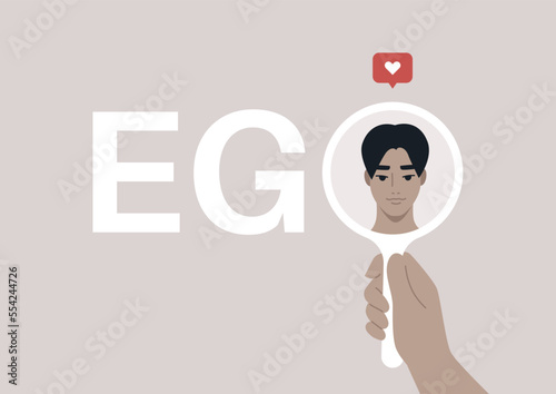 A male Asian character looking at themselves in the mirror, Ego concept, self love and acceptance
