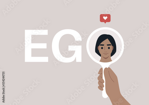 A female Caucasian character looking at themselves in the mirror, Ego concept, self love and acceptance