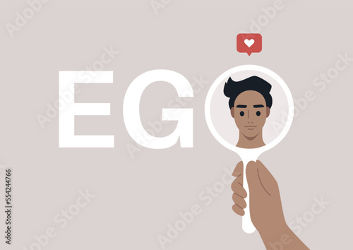 A male Caucasian character looking at themselves in the mirror, Ego concept, self love and acceptance