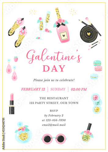 Galentine's Day party invitation template. Beautiful frame of champagne, macaroons, stylish shoes, sunglasses, lipstick ets on a white background. Vector 10 EPS.