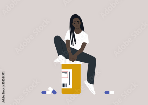 A young female African character sitting on a pill bottle with prescription drugs, medical treatment