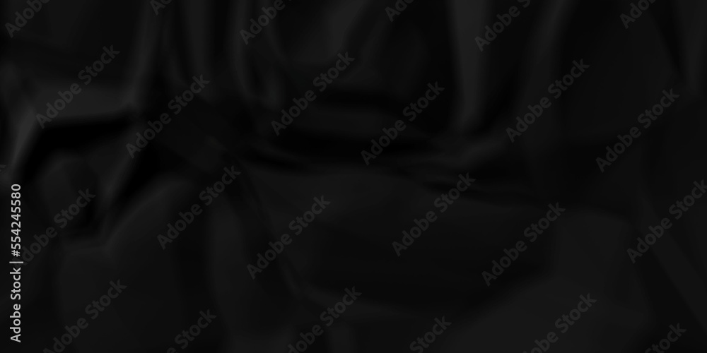 Dark Black facbric paper backdrop crumpled texture. dark black textured crumpled black paper background. panorama black paper texture background, crumpled pattern.