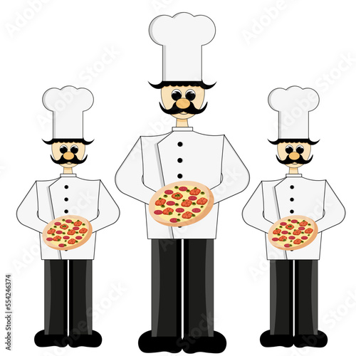 Italian chef with delicious pizza in the hand. The cook in the white chef's hat. A person in his hands with a pizza margarita. Banner for pizzeria.