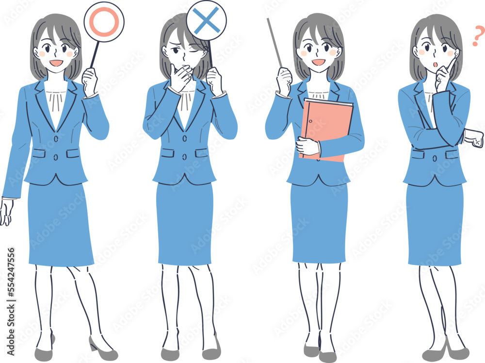 ビジネススーツの女性　表情ポーズの全身イラストセット（マルバツ〇×の札　指さし棒で教える　疑問）
