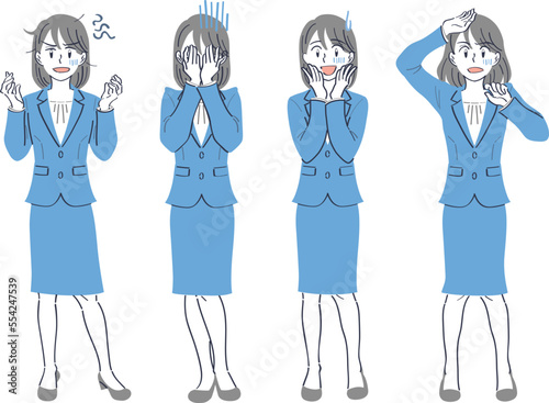 ビジネススーツの女性　表情ポーズの全身イラストセット（イライラ　がっかり　困る　ショック）