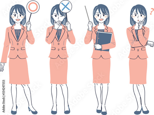 ビジネススーツの女性　表情ポーズの全身イラストセット（マルバツ〇×の札　指さし棒で教える　疑問）
