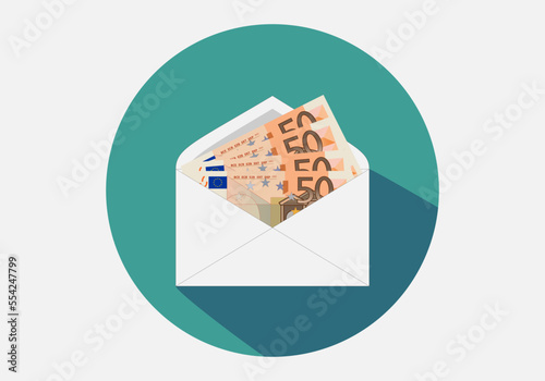 Icono de sobre abierto con billetes de 50 euros. Sobre con el sueldo o salario. Pago en efectivo
